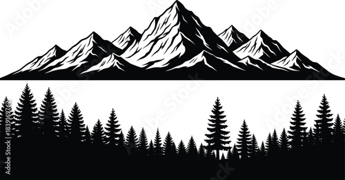 Majestic mountain range silhouette with detailed pine forest tree landscape, perfect for outdoor adventure, nature design, camping artwork, and wilderness themed projects