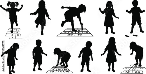 Children playing hopscotch silhouette illustration, outdoor activity, number grid game, physical movement, vector graphic, fun design, art, childhood theme