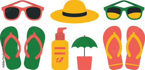 Collection of flat design summer vacation accessories including sunglasses hat flip flops and sunscreen