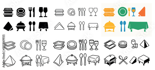 Dining icons collection: plates, cutlery, glasses, napkins