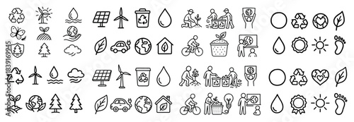 Eco-friendly icons: recycling, energy, nature, transport