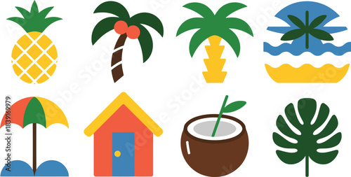 Collection of flat tropical vacation icons including pineapple palm tree beach hut and coconut drink