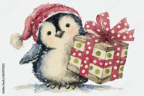 cartoon penguin holding a b...