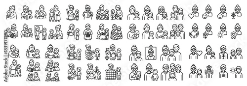 Elderly female icons in various activities