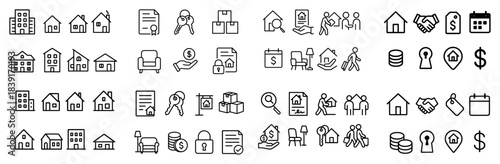 Real estate icons collection including buildings and keys