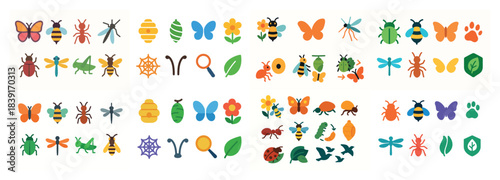 Colorful insect and nature icons collection