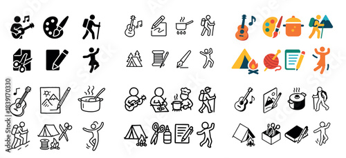 Various icon illustrations of hobbies and activities