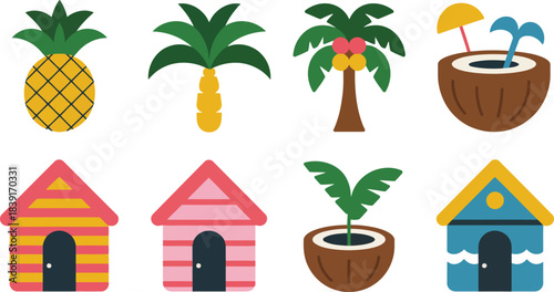 Collection of tropical vacation icons including pineapple palm trees and beach huts fruit coconut