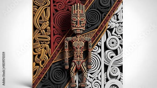 Intricate Tribal Tiki Idol with Ornate Carvings and Geometric Patterns.