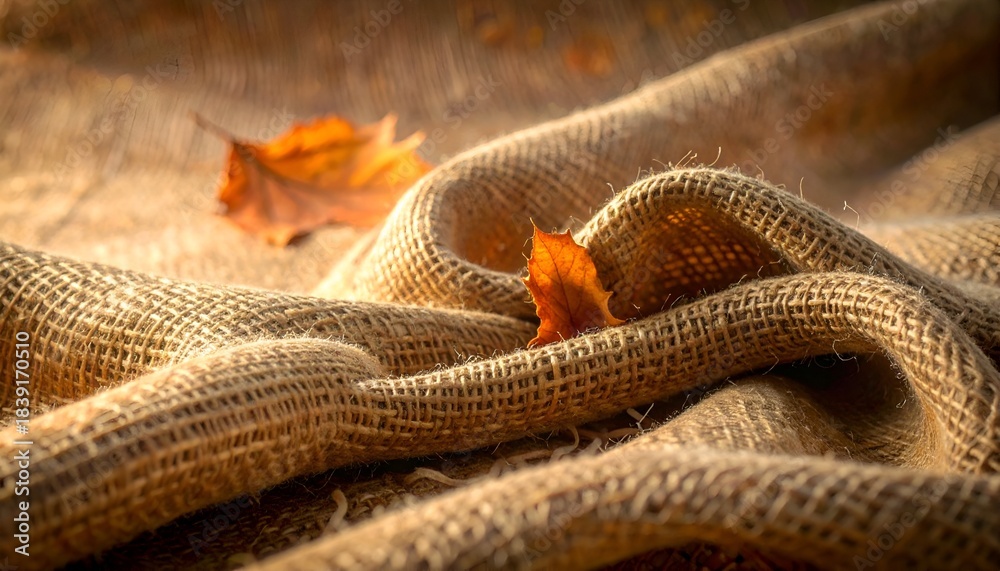 Fototapeta premium Rustic close-up showing textured burlap with two fallen leaves. Soft light and shadows