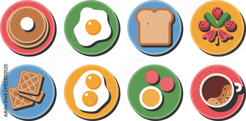 Eight colorful circular icons depicting breakfast foods and drinks coffee