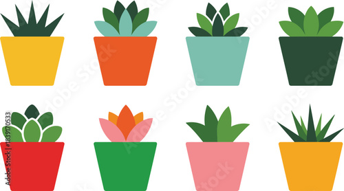 Eight colorful potted succulent plants in a flat design style green