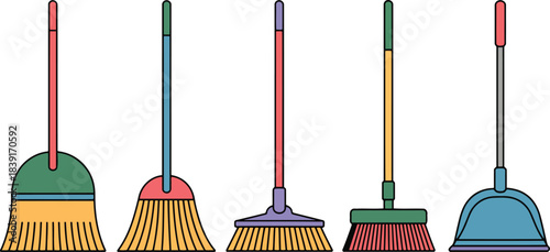 Five colorful brooms and dustpan arranged in a row on white background cleaning household