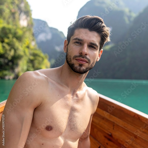 Man, shirtless, in a boat, scenic view