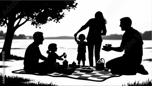 The black and white silhouette of a fun family picnic is joy, intimacy and outdoor recreation. Suitable for family magazines, banners and advertisements. Vector graphics. EPS.