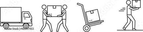 Vector illustration of four delivery icons—transport, logistics, moving service, package handling, teamwork, and shipping process for business and residential use