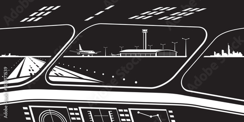 View to airport from the cockpit of the landing plane by night  – vector illustration