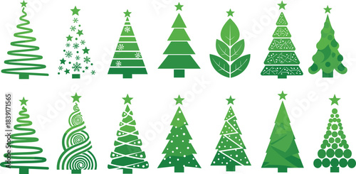 Vector illustration of fourteen Christmas tree designs—holiday decor reference for festive art, seasonal celebration, winter style, ornaments, and graphic inspiration