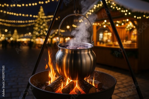 Steaming pot of mulled wine over open fire at festive Christmas market with warm lights and blurred holiday background in winter night scene. Ai generative