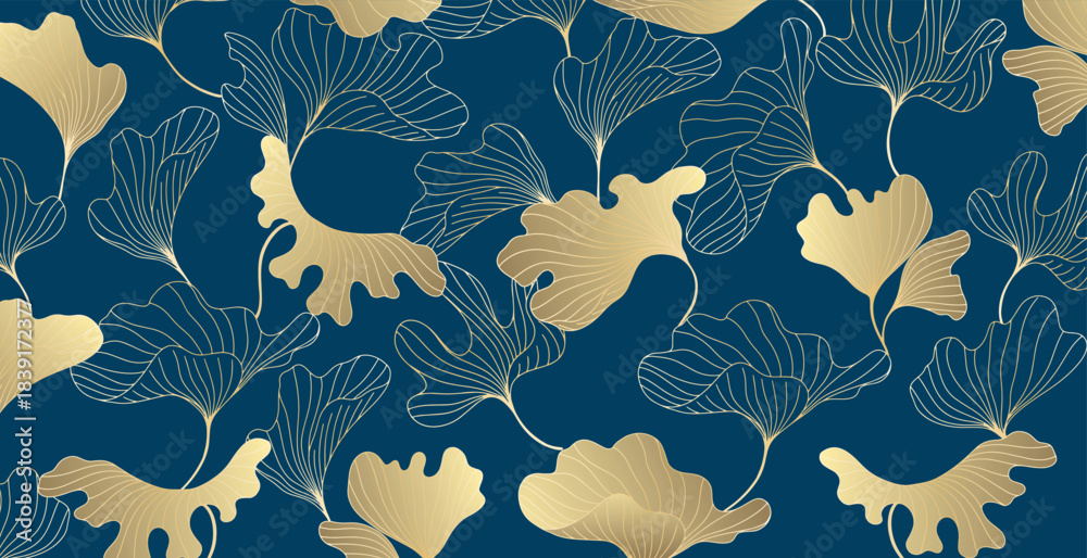 Obraz premium Golden leaves botanical background with modern style elements. Art deco or luxury wallpaper design. For wrapping, tropical vibes and decoration.Hand drawn line design