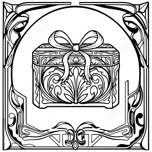 Luxury gift box icon, decorative design, artistic craftsmanship, black and white, copy space