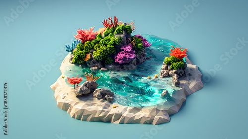 Fototapeta Naklejka Na Ścianę i Meble -  3d Isometric Low polymer clay style coral reef-shaped island