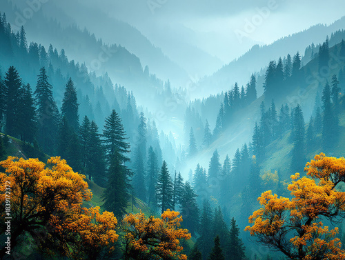 Misty mountains with snow