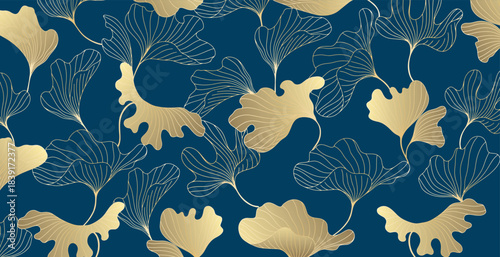 Golden leaves botanical background with modern style elements. Art deco or luxury wallpaper design. For wrapping, tropical vibes and decoration.Hand drawn line design