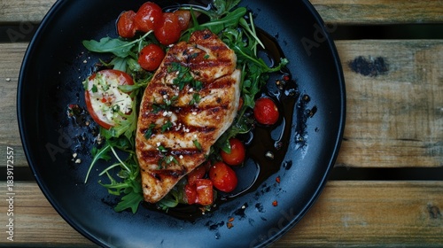 Grilled chicken breast with cherry tomatoes and arugula on a dark plate