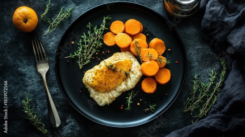 Top-down view of a black plate with cooked fish, roasted carrots, and herbs