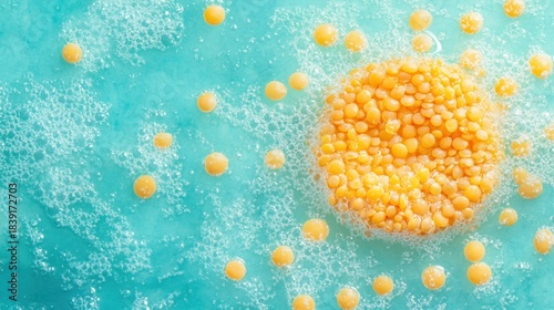 Small, yellow, round objects arranged in a circle, on light turquoise surface with bubbles