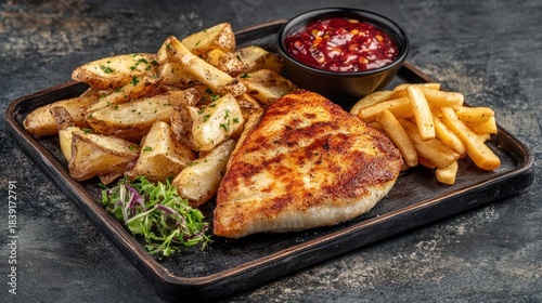 Pan-fried fish fillet with crispy potatoes and sauce
