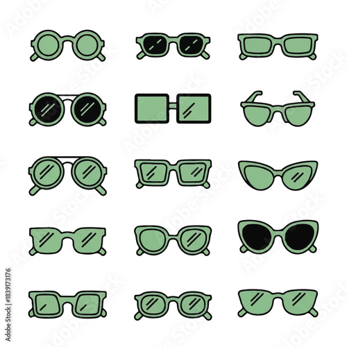Collection of various green-tinted sunglasses and eyeglasses illustrations displayed together in a grid layout.