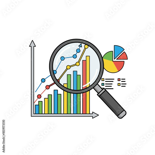 Business data analysis with magnifying glass on graphs