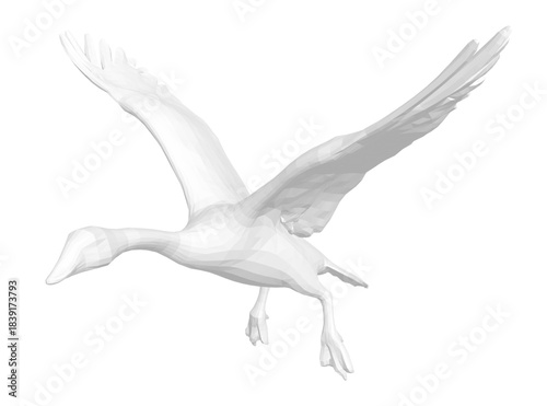A white swan flies with wings spread wide, its feathers glistening in sunlight. The bird's neck and legs are outstretched against a bright white background.