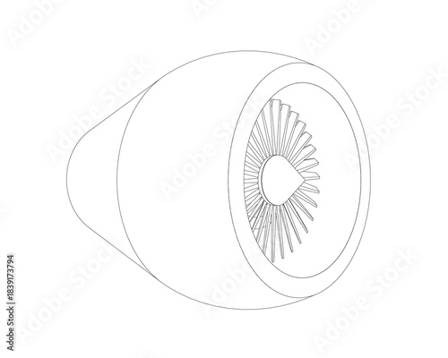 A jet engine contour drawing in black and white features a central sunburst design within its cylindrical form. This minimalist technical illustration is ideal for engineering concepts.