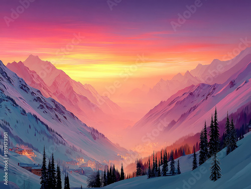 Snow mountains at dusk