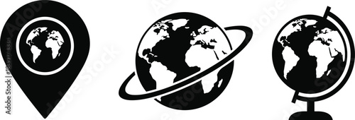 Vector illustration of three Earth icons—location marker, orbiting globe, and educational model for global travel, connectivity, and geography reference