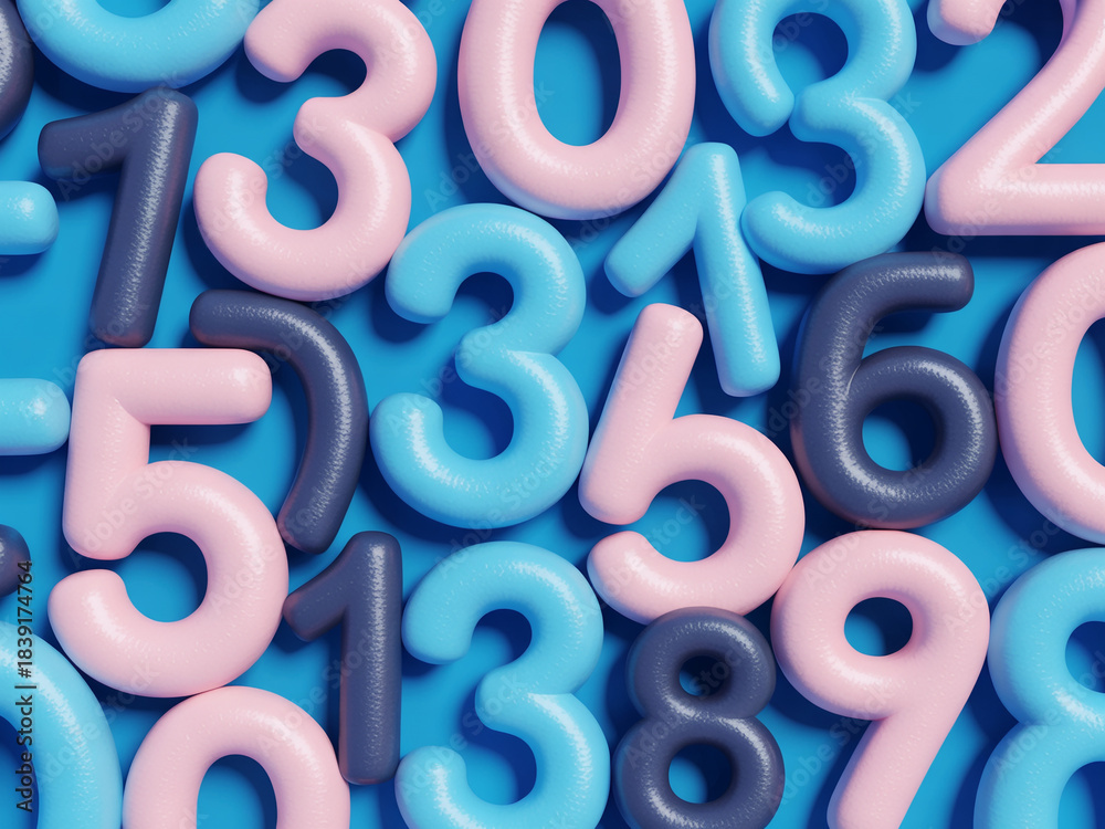 Fototapeta premium Assortment of rounded pastel and dark blue numbers on a blue surface