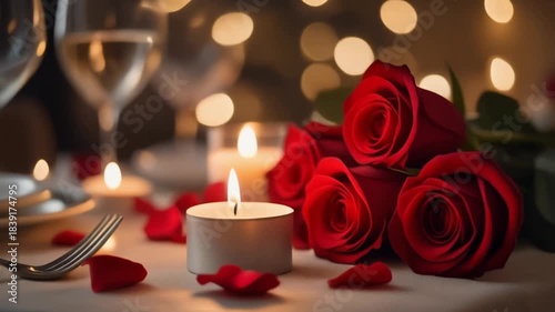 Romantic Valentine’s dinner setup, soft candlelight glowing, red roses