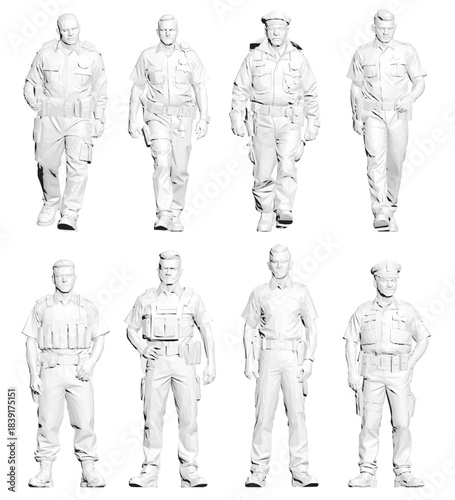 Low poly military policemen in crisp white uniforms stand together, each equipped with a visible pistol. The special forces unit is rendered in a clean, geometric art style.