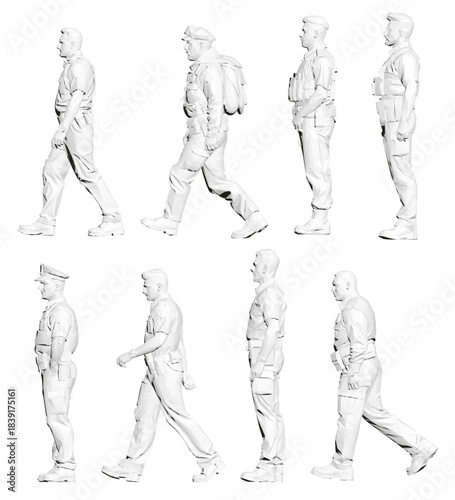 A uniformed policeman in distinct poses, holding a pistol against a stark white background. The black and white image highlights the details of his special forces uniform. Side view