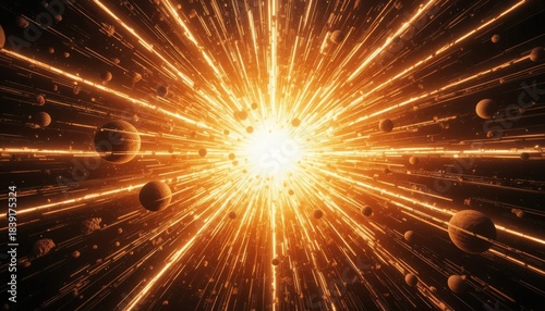 A dynamic, high-energy science fiction background showing light streaks emanating from a central bright point, giving the illusion of hyperspace jump or cosmic expansion. 