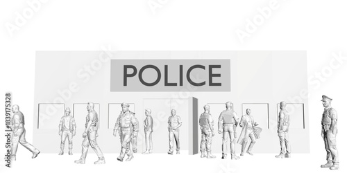 Polygonal police officers are posed in a line, wearing varied casual clothing and carrying bags, against a clean white background.