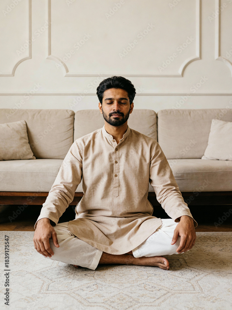 Fototapeta premium Young South Asian Man Cross‑Legged Meditating in Beige Kurta — Neutral Minimalist Living Room, Mindfulness/Wellness App Hero Image