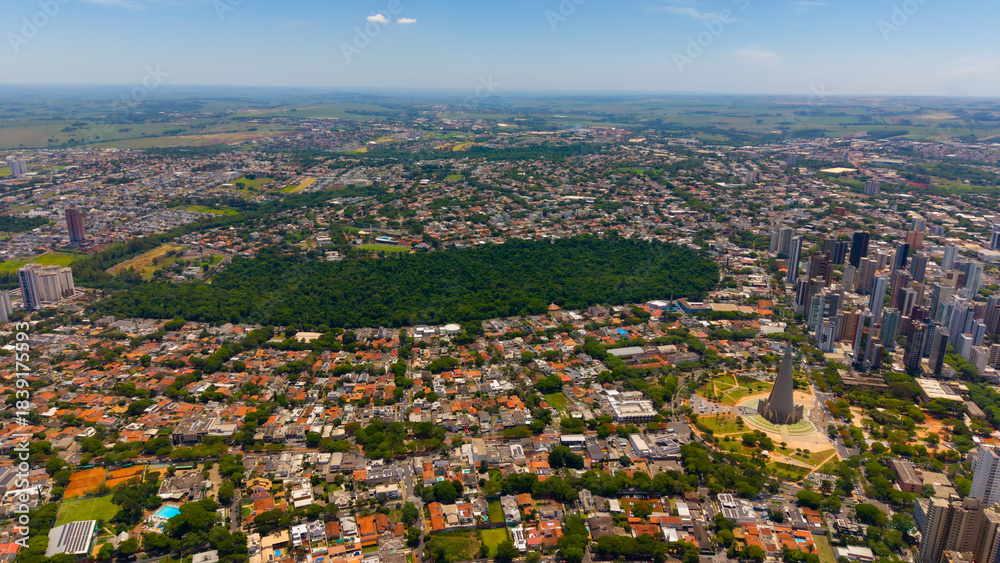 Fototapeta premium Aerial View of Maringa, Cathedral and downtown. Several buildings. Paraná, Brazil.