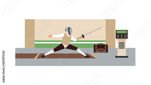 Fencing athlete in action: modern flat design with equipment and arena