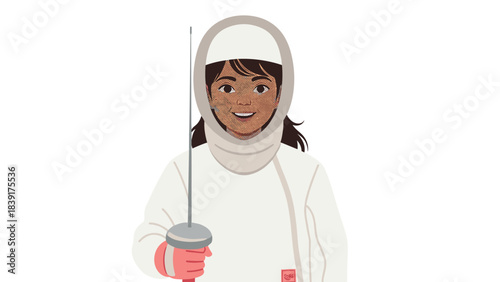 Young fencing athlete smiling in protective gear holding epee on white background