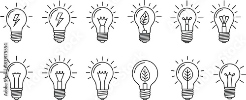 Vector illustration of twelve creative light bulb icons—energy, innovation, sustainability, electricity, idea, inspiration, and eco-friendly concept design reference