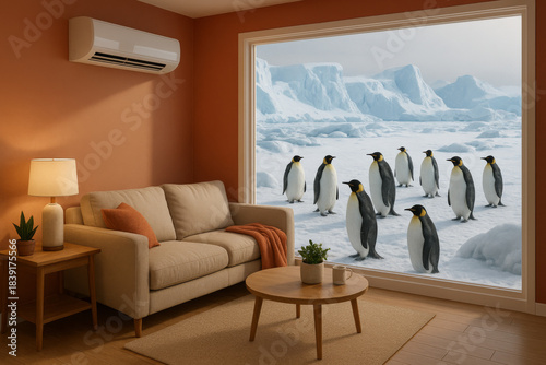 Penguins watching warm living room from arctic landscape